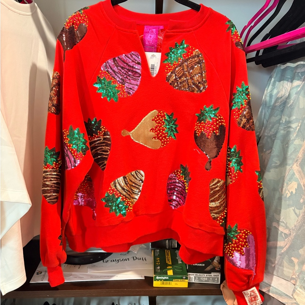 Queen of Sparkles Red Strawberry Sequin Sweater